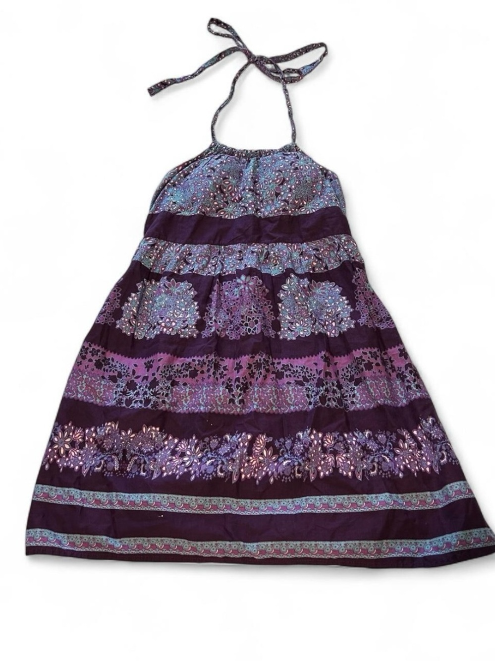 y2k no boundaries purple floral patterned bohemian halter mini dress